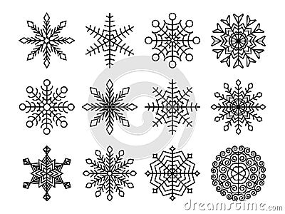 Black snowflakes collection isolated on white background. Flat snow icons set. Element for christmas calendar, invitation Cartoon Illustration