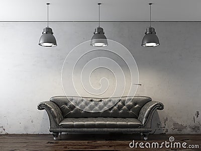 Black sofa in front of grunge wall Stock Photo