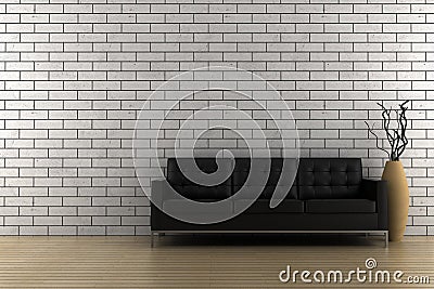 Black sofa and vase with dry wood Stock Photo