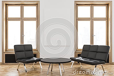 Black sofa waiting area, poster Stock Photo