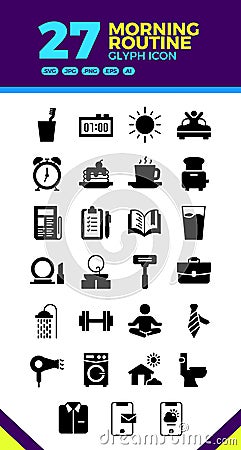 Black solid glyph set icon illustration morning wake up activity concept for web or infographic Vector Illustration