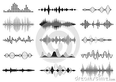 Black sound waves. Music audio frequency, voice line waveform, electronic radio signal, volume level symbol. Vector Vector Illustration