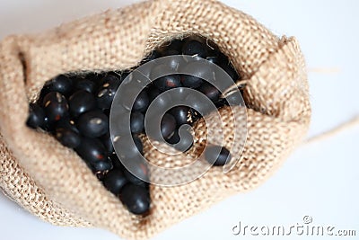 Black soya bean in burlap sack Stock Photo