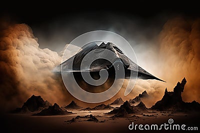 Black spaceship landing on alien planet in the clouds of dust. Generative AI Stock Photo