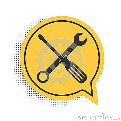 Black Spanner and screwdriver tools icon isolated on white background. Service tool symbol. Yellow speech bubble symbol Vector Illustration