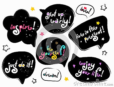 Black speech bubbles with lettering phrases Vector Illustration