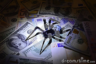 Black spider sits on banknotes in black and white tones Stock Photo