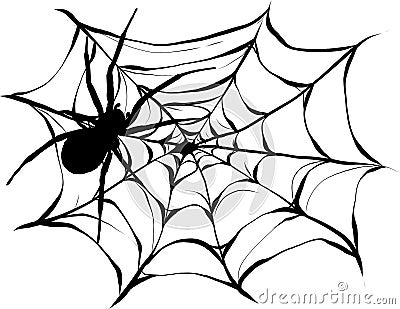 Black spider and torn web. Scary spiderweb of halloween symbol. Isolated on white illustration Stock Photo