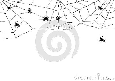 Black spider and torn web. Scary spiderweb of halloween symbol. Isolated on white Vector Illustration