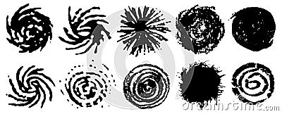 Black spiral circles of ink. Set of grungy swirling circles. Swirling grungy elements. Ink spiral movement. Vector Vector Illustration