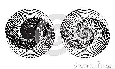 Black spiral with rectangles over white backdrop. Abstract monochrome background for any projects. Yin and yang symbol Vector Illustration