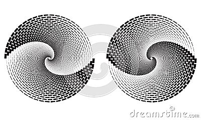 Black spiral with rectangles over white backdrop. Abstract monochrome background for any projects. Yin and yang symbol Vector Illustration