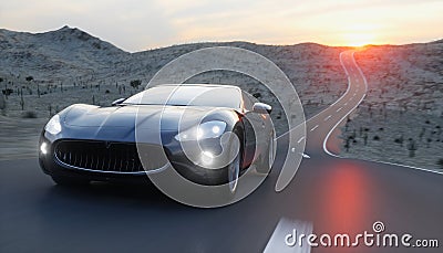 Black sport car on road, highway. Very fast driving. 3d rendering. Stock Photo