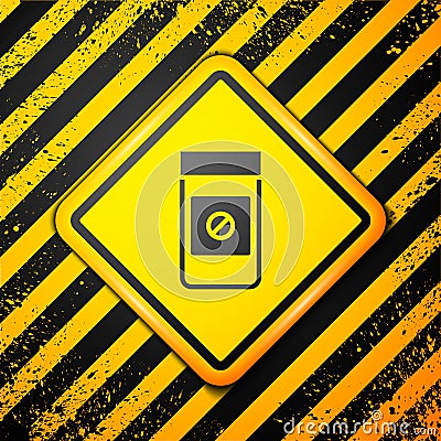 Black Sports doping, anabolic drugs icon isolated on yellow background. Anabolic steroids tablet. Pills in jar. Warning Vector Illustration