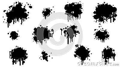 Black Spray Different Set Paint Blot Element Vector Design Object Brush Grunge Vector Illustration