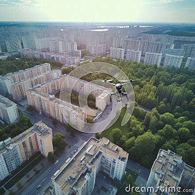 Black spy drone flying under summer city in evening. Military technology, buildings, roads, civilian town. War in Stock Photo