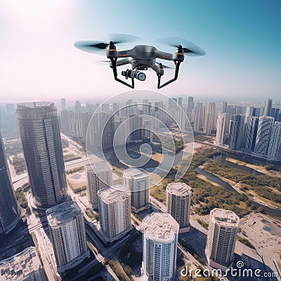 Black spy drone weapon flying under city and filming landscape. Military technology, buildings, civilian town, blue Stock Photo