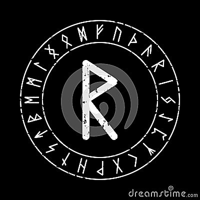 BLACK SQUARE BACKGROUND WITH THE RUNE RAIDHO IN THE MAGIC CIRCLE Stock Photo
