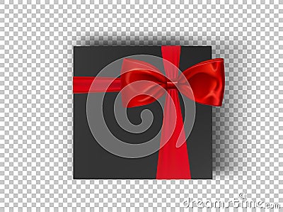 Black square cardboard box with red ribbon and bow on transparent background, top view. Mockup box for design products Vector Illustration