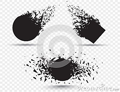 Black square stone with debris isolated. Abstract black explosion. Geometric illustration. Vector square and circle Vector Illustration