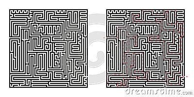 Black square vector maze isolated on white background. Hard labyrinth with one right way. Difficult puzzle with solution Vector Illustration