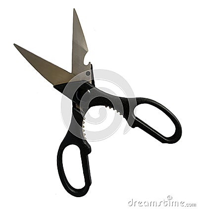 Black stainless steel opened kitchen scissors isolated on white background. Stock Photo