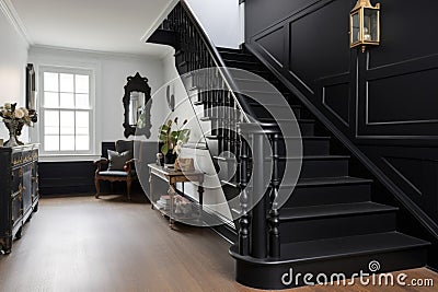 black staircase in a white tudor style interior Stock Photo