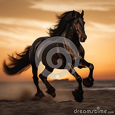 Black stallion horse in sunset running free. Generative AI Stock Photo