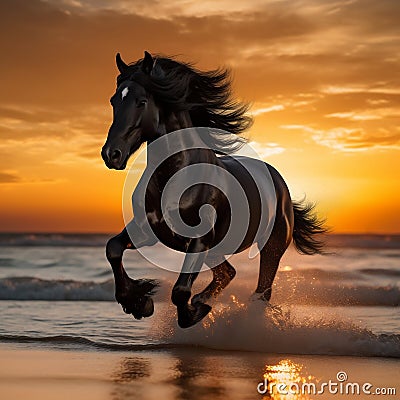 Black stallion horse in sunset running free. Generative AI Stock Photo