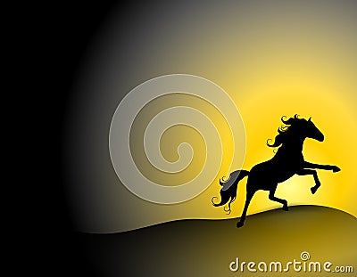 Black Stallion on Sunset Hill Cartoon Illustration