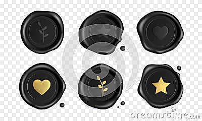 Black stamp wax seals set with gold heart, branch and star isolated on transparent background. Certificate royal black Vector Illustration