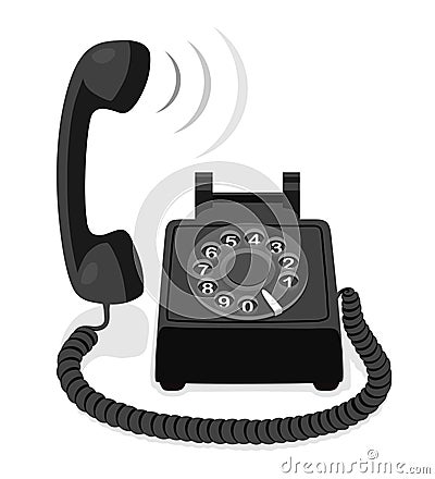 Black stationary phone with rotary dial and raised handset Vector Illustration