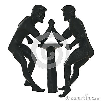 Black statue of two armwrestling fighters on a white background. 3d rendering Stock Photo