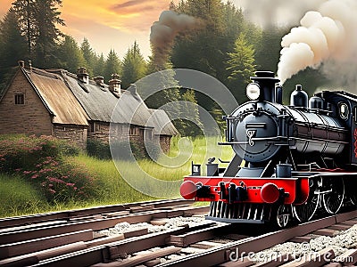 A black steam locomotive goes on the railroad. Stock Photo