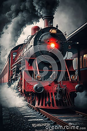 Black steam train on tracks over dark clouds, created using generative ai technology Stock Photo