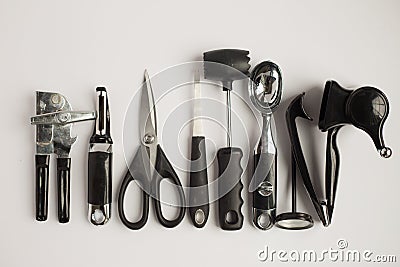 Black and steel kitchen gadgets shot overhead Stock Photo