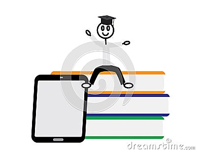 Doodle stickfigure with black graduate cap sitting on books near tablet Vector Illustration