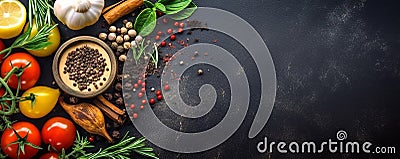 Black stone cooking background, Aromatic Spices, and Organic Vegetables, Top view Free space, GenerativeAI, illustration Cartoon Illustration