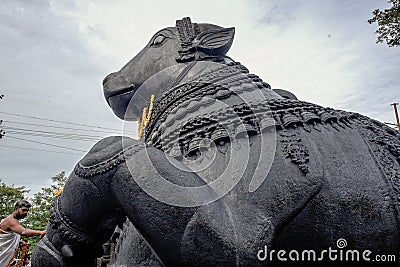 Black stone Nandi bull sits on Chamundi Hill way to Chmudi temple Editorial Stock Photo