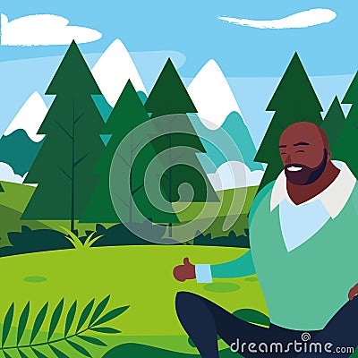 black strong and bearded man seated in the field Cartoon Illustration