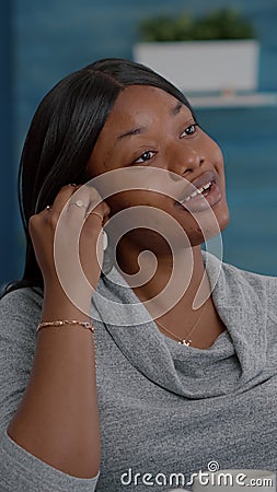 Black student discussing with math professor during online videocall conference Stock Photo