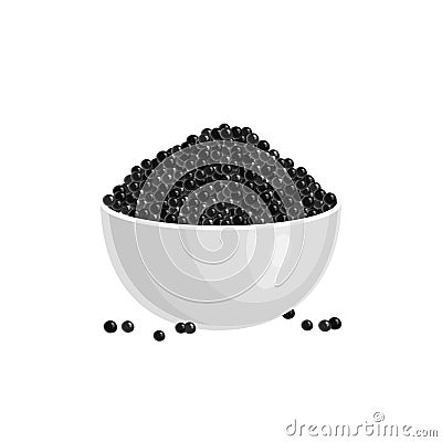 Black sturgeon caviar in white bowl. Vector Illustration
