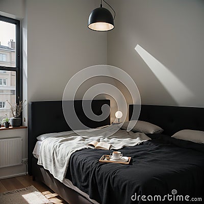 Black stylish loft bedroom Unmade bed with breakfast and reading on tray Lamp and interior decor over blank blackboard wall Stock Photo