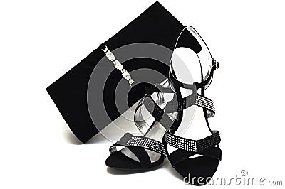Black suede female shoes and handbag with pastes Stock Photo