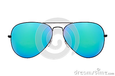 Black sunglasses with blue chameleon mirror lens Stock Photo