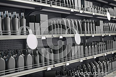 Black supermarket shelves and showcases with cosmetics products, bottles, tubes, boxes, personal care products Cartoon Illustration