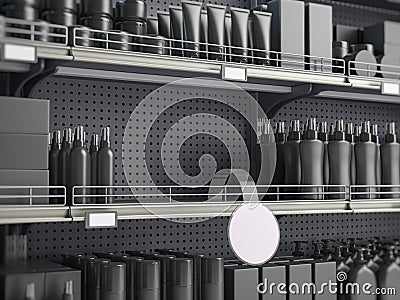 Black supermarket shelves and showcases with cosmetics and space for your product. Mockup Cartoon Illustration