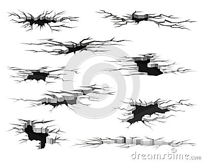 Black surface crack with holes set. Destruction effects, crevices from disaster vector illustration Vector Illustration