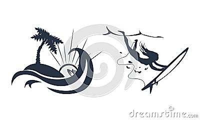 Black Surfing Silhouette with Waves and Girl with Surfboard Vector Set Vector Illustration