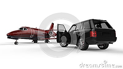 Black SUV limousine with a private jet Stock Photo